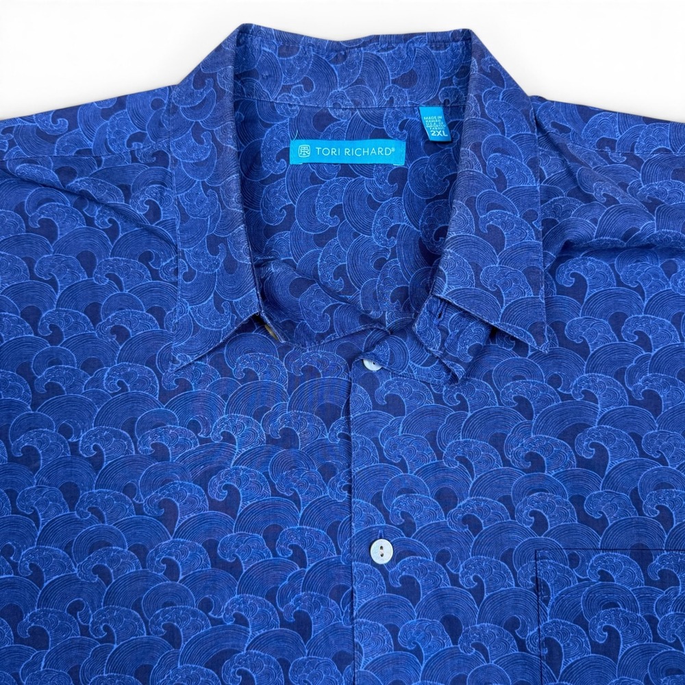Tori Richard Mens 2XL Blue Wave Print Cotton Lawn Hawaiian Aloha Shirt 0300 6847